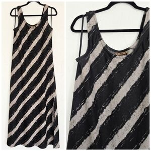Vintage Linen Thick Diagonal Striped Gray Black Slit Dress, L